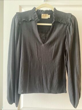 Nation LTD Black Ruffle-Yoke Long Sleeve Top
